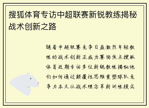 搜狐体育专访中超联赛新锐教练揭秘战术创新之路